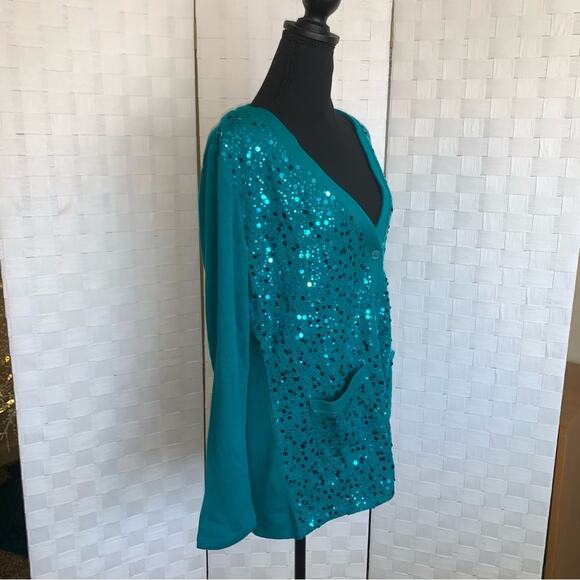 Bob Mackie Womens Wearable Art Sequin Aqua Blue Button Up Cardigan Size Small - Picture 2 of 16
